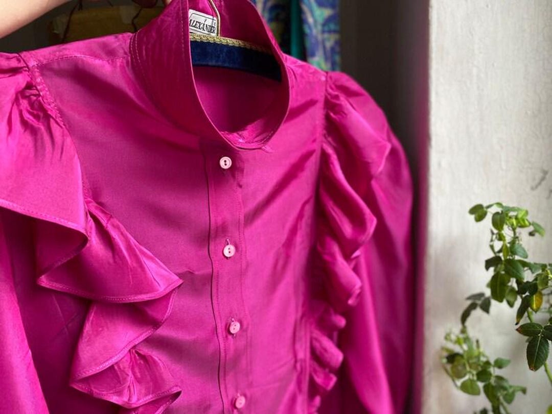 Vintage 80s Fuchsia Ruffle Blouse Long Sleeve Top Medium - Etsy