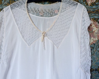 Vintage 30s 40s white night dress with crochet top hand sew maxi nightdress medium