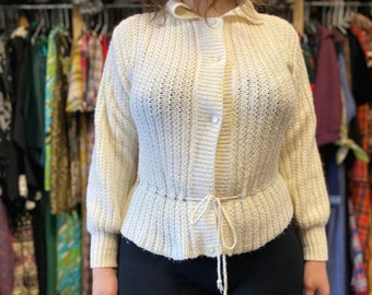 SALDI Cardigan vintage a coste bianco anni '50 con manica lunga e lacci medio piccoli