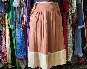 Vintage 70s brown prairie tiered skirt with lace bottom Gunne Sax style medium