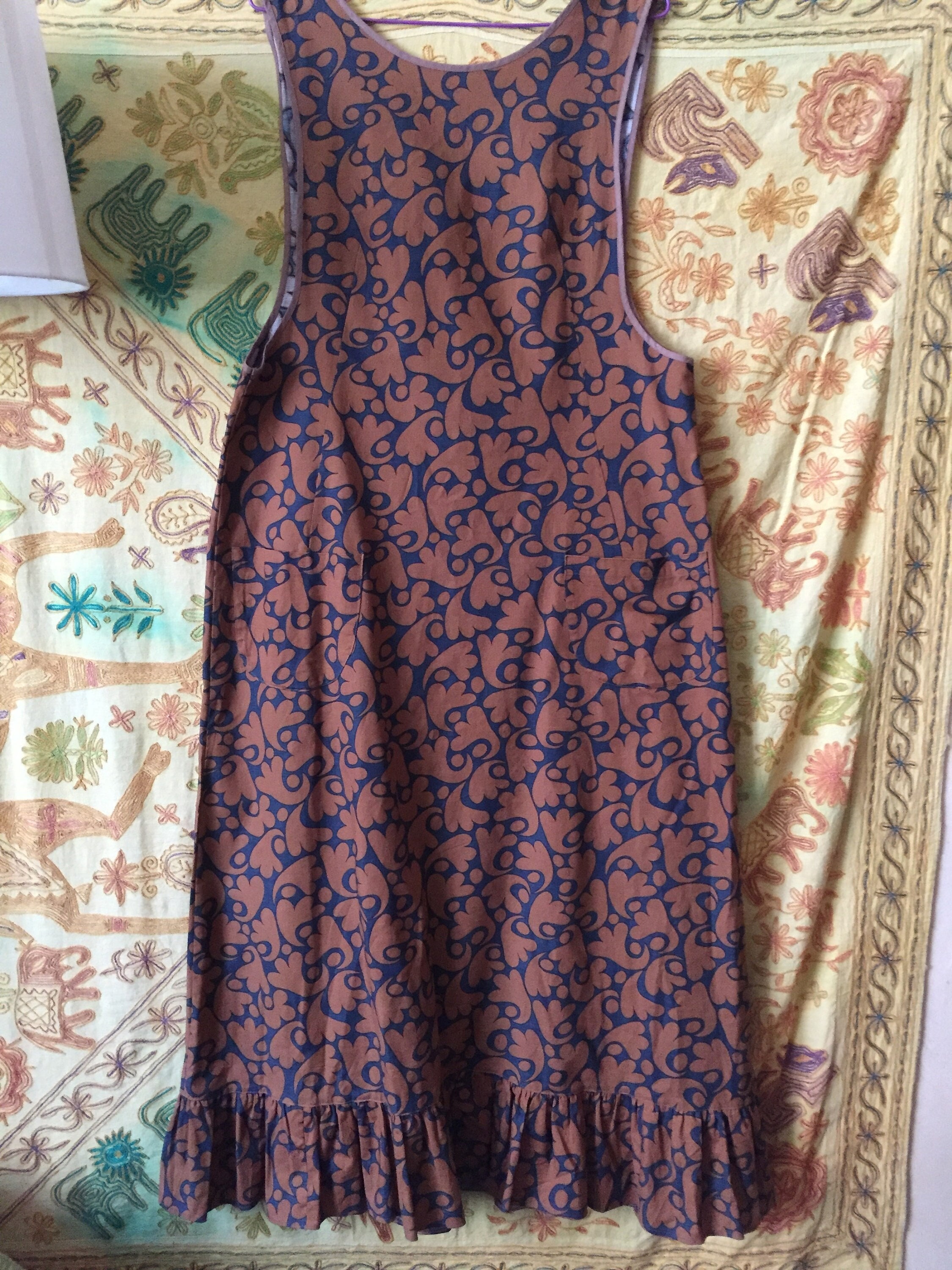 Vintage Aprons, Retro Aprons, Old Fashioned Aprons & Patterns Vintage 70S Brown Floral Maxi Sleeveless Dress Buttons Down Apron Marimekko Style Medium $108.00 AT vintagedancer.com