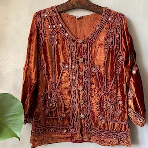 Vintage orange velour jacket embroidered Boho Hippie jacket small medium