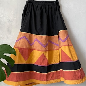 Vintage patchwork wrap skirt geometric pattern midi skirt boho hippie festival small