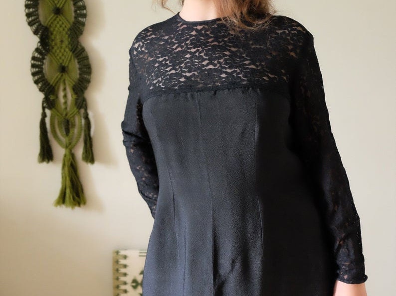 sale 60s Vintage dress black lace long sleeve crew neck sheath dress Prom Event Party Cocktail dress Large L