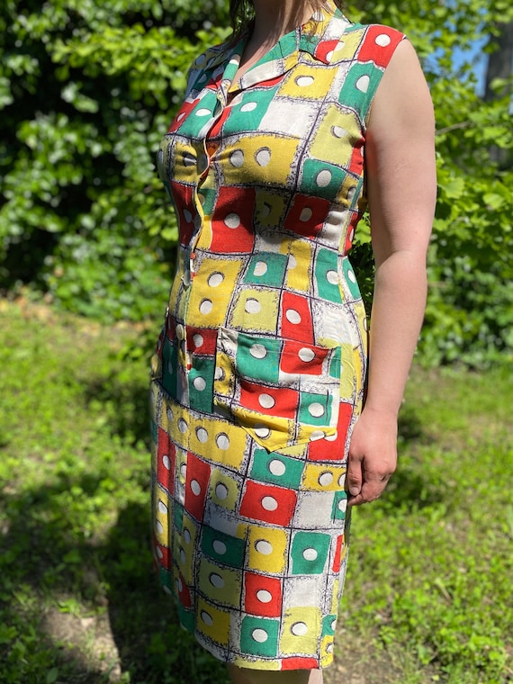 Vintage 60s summer sleeveless dress with geometri… - image 3