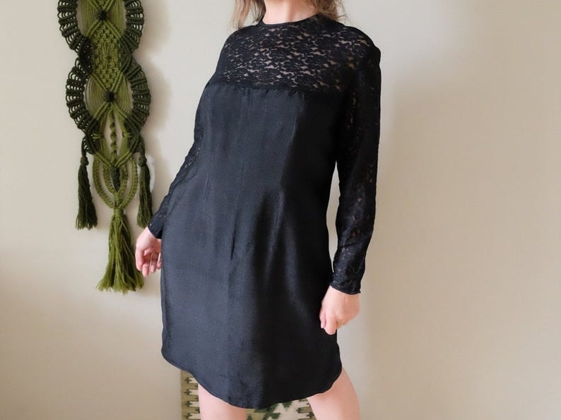 sale 60s Vintage dress black lace long sleeve crew neck sheath dress Prom Event Party Cocktail dress Large L