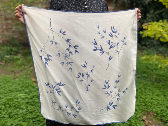 Vintage 70s silk scarf white and blue watercolor … - image 4