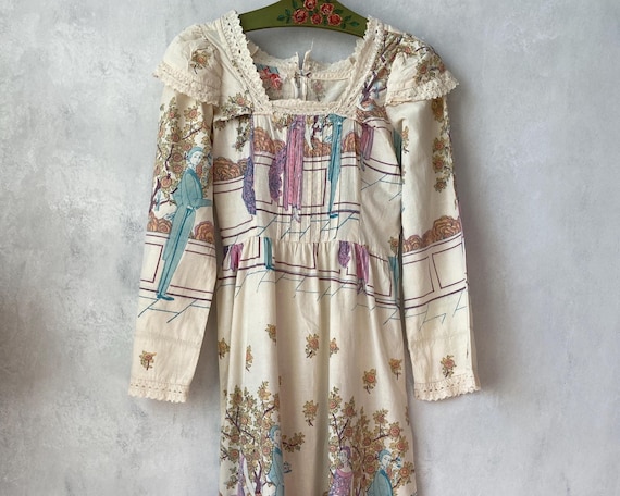 Indiska Vintage 70s Prairie Dress 20s Ladies and Gentlemens Print Maxi Dress Xsmall Small