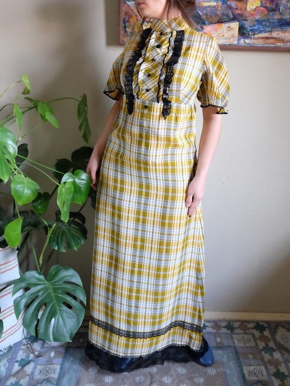 Rare 70s Vintage maxi prairie dress yellow tartan 