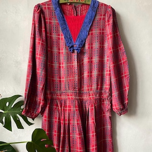 Phool Vintage 80s red madras print dress beaded collar long sleeve maxi dress medium