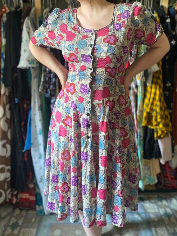 Sale Rare Adini Original 80s Vintage Floral Gauze Dress Midi Dress With Short Puffed Sleeve Small Medium Etsy