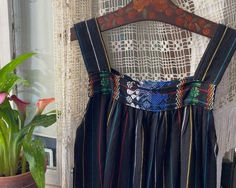 Vintage 70s sundress black woven birds Guatemala dress jumper dress small medium