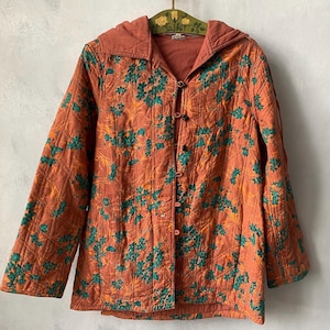 Vintage floral quilted jacket brown cotton boho coat with hood medium large