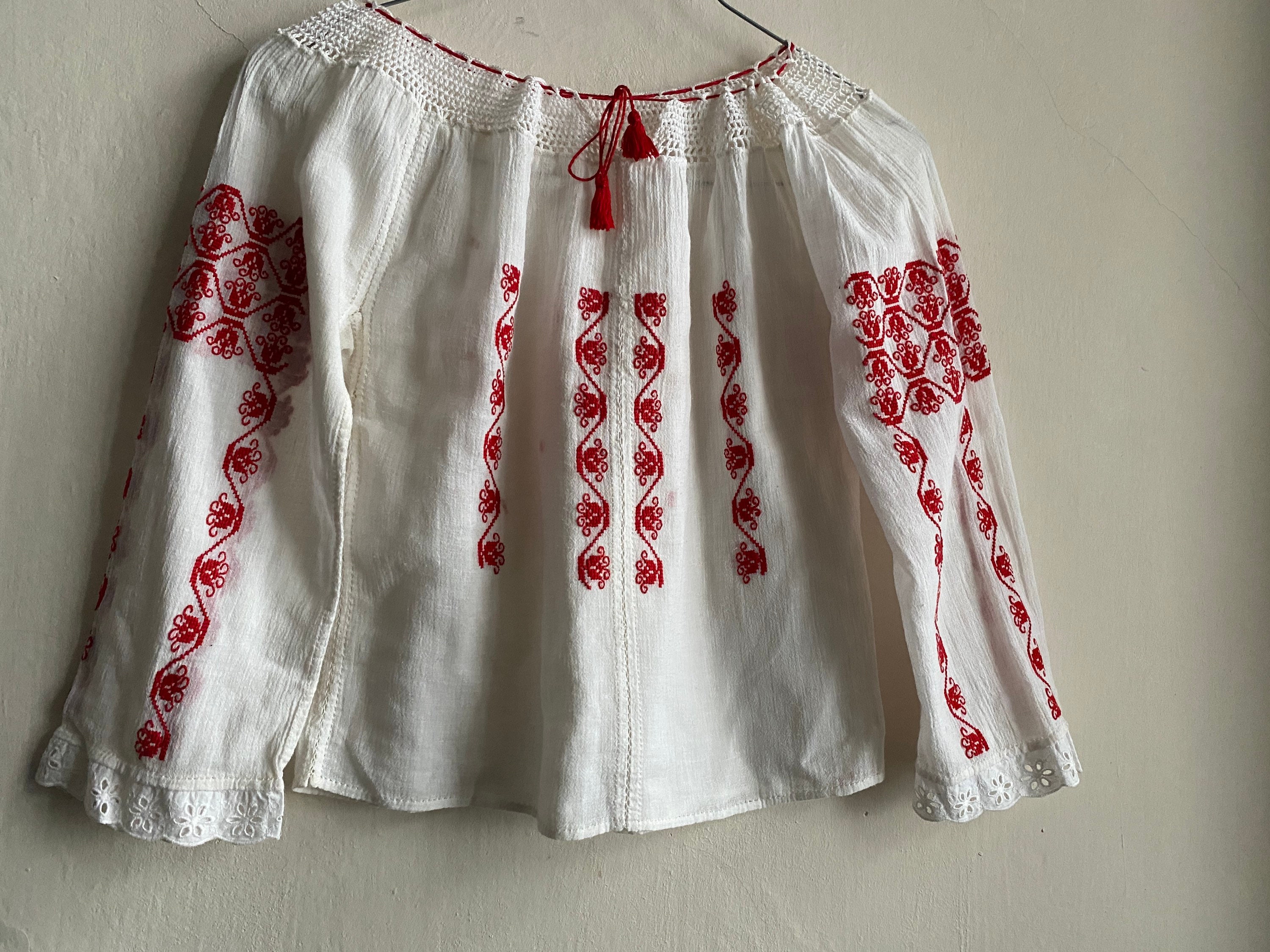 Vintage 40s or 70s Romanian Blouse White With Red Embroidery 