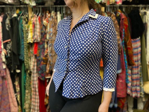 SALE Vintage 50s blue and white polka dot jacket … - image 3