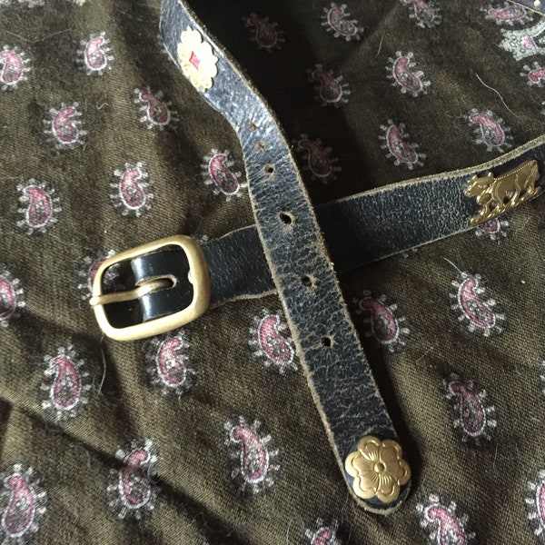 Vintage 70s 80s black leather belt Appenzeller Gürtel Swiss Appenzeller belt herdsman cows folk belt xxs