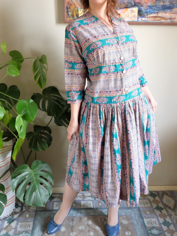SALE Vintage 40s or 50s floral and striped dress … - image 1