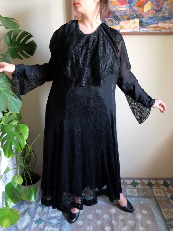 Vintage 20s 30s black lace chiffon dress with lon… - image 10