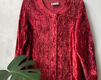Vintage red velveteen jacket dress long sleeve embroidered buttoned festival jacket medium large