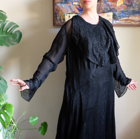 Vintage 20s 30s black lace chiffon dress with lon… - image 1