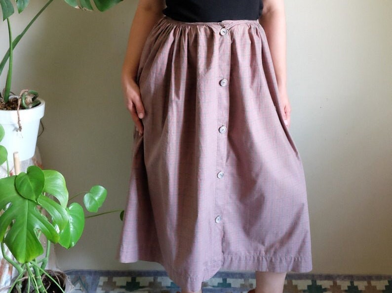 70s 80s Vintage skirt Madras print pale green red Low waist buttoned skirt m-l