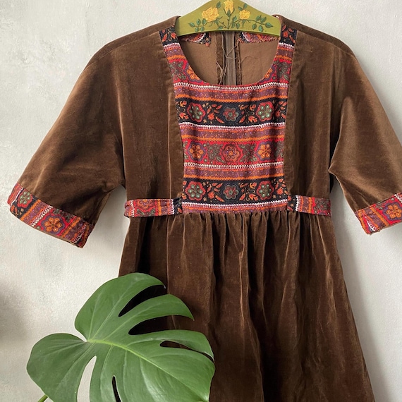 brown velvet dress short Vintage 70s Sleeve Boho Folk Hippie Patchwork Dress Medium Orange velvet midi dress