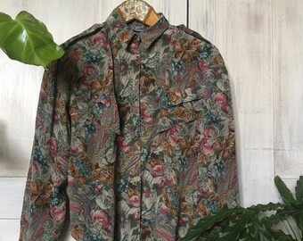 Bastos 80s Vintage blouse fruits and paisley print long sleeve viscose blouse small medium