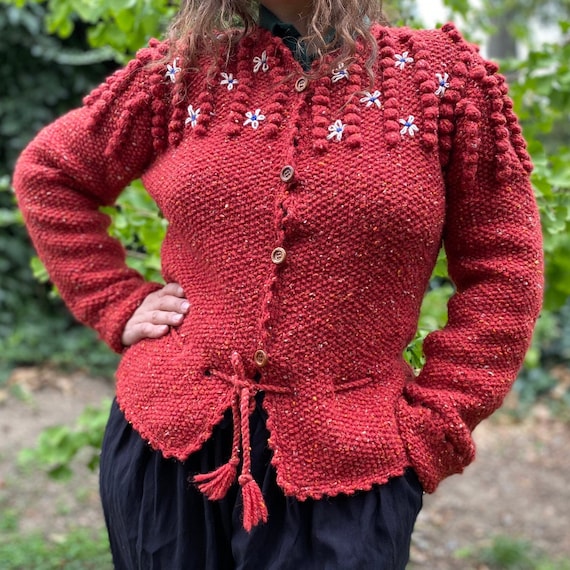 Vintage Terracotta Red Cardigan With Popcorn Pattern and Floral Embroidery Long Sleeve Bavarian Cardigan Medium Large Etsy UK