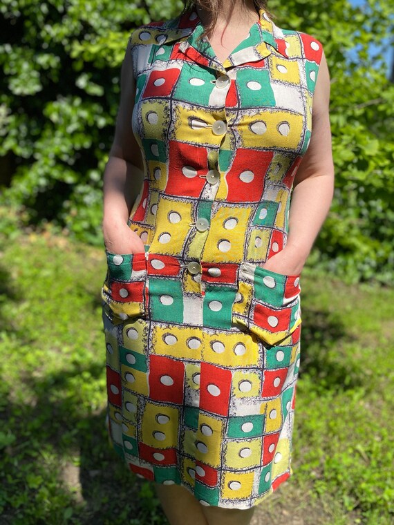 Vintage 60s summer sleeveless dress with geometri… - image 5