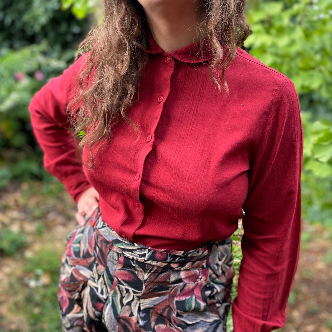 Vintage 70s Burgundy Red Blouse With Long Sleeve Secretary Blouse Small ...