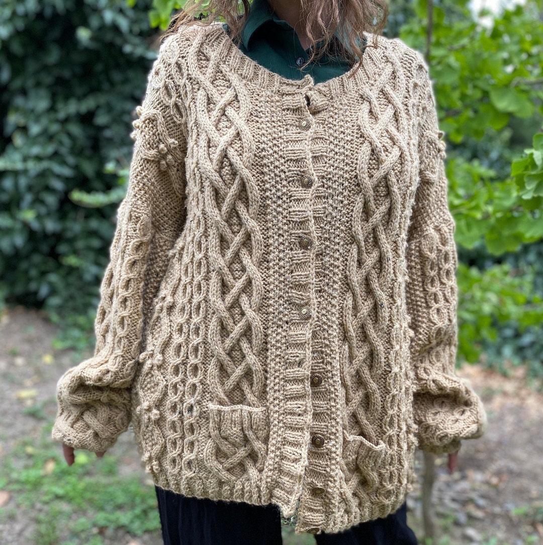 Vintage Collarless Open Front Drop Shoulder Long Sleeve Elongated Cable Knit Cardigan