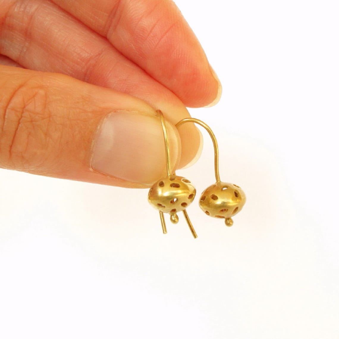 14k Gold Ball Earrings Solid Gold Drop Earrings Perforated Etsy