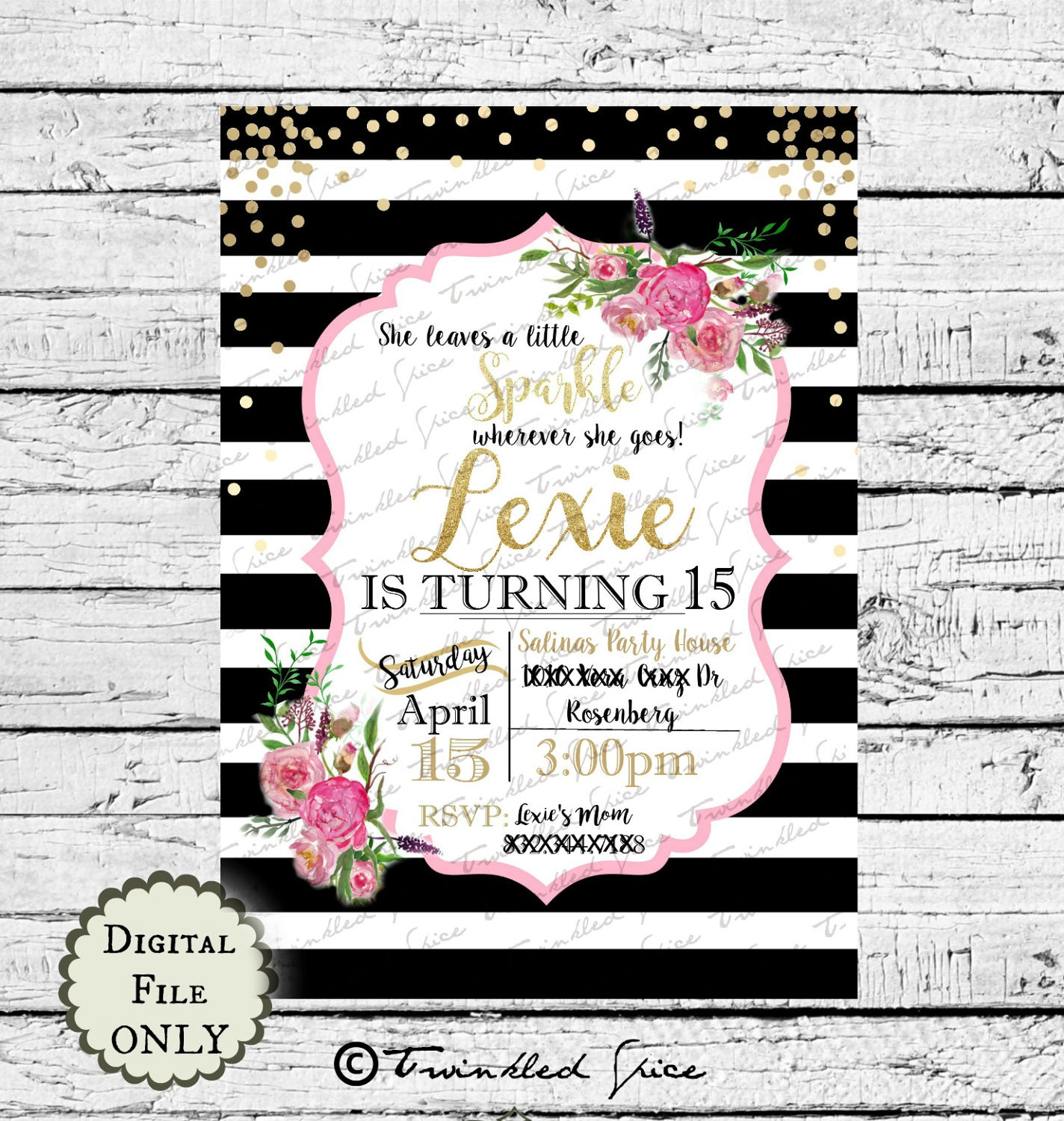 Black and white stripe fancy glitter invitation printables Etsy
