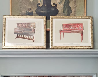 Vintage Pair of Framed William Gibb Prints of Clavichord and Double Spinet EXCELLENT!