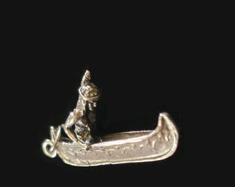 Sterling Silver Charm Pendant Native American Maiden in Canoe
