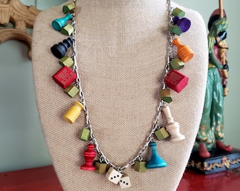 Sterling Silver Charm Necklace with Vintage 1940s Wooden Monopoly Game Pieces 28" OOAK Handmade