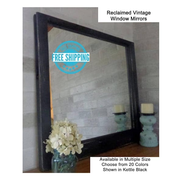 Rustic Country Single Pane Window Mirror - Reclaimed Classic Wood Window Sash Mirror - Available in 20 Colors - Kettle Black