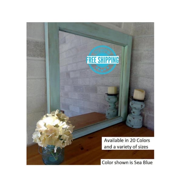 Rustic Country Single Pane Window Mirror - Lane of Lenore - Mirror -Wall Mirror - Decorative Wall Mirror - Available in 20 Colors - Sea Blue