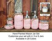 Lane of Lenore Painted Mason Jar Bathroom Set - Free Gift 4oz Soy Unscented Candle Rustic Farmhouse Decor 20 Color Perfect Pink
