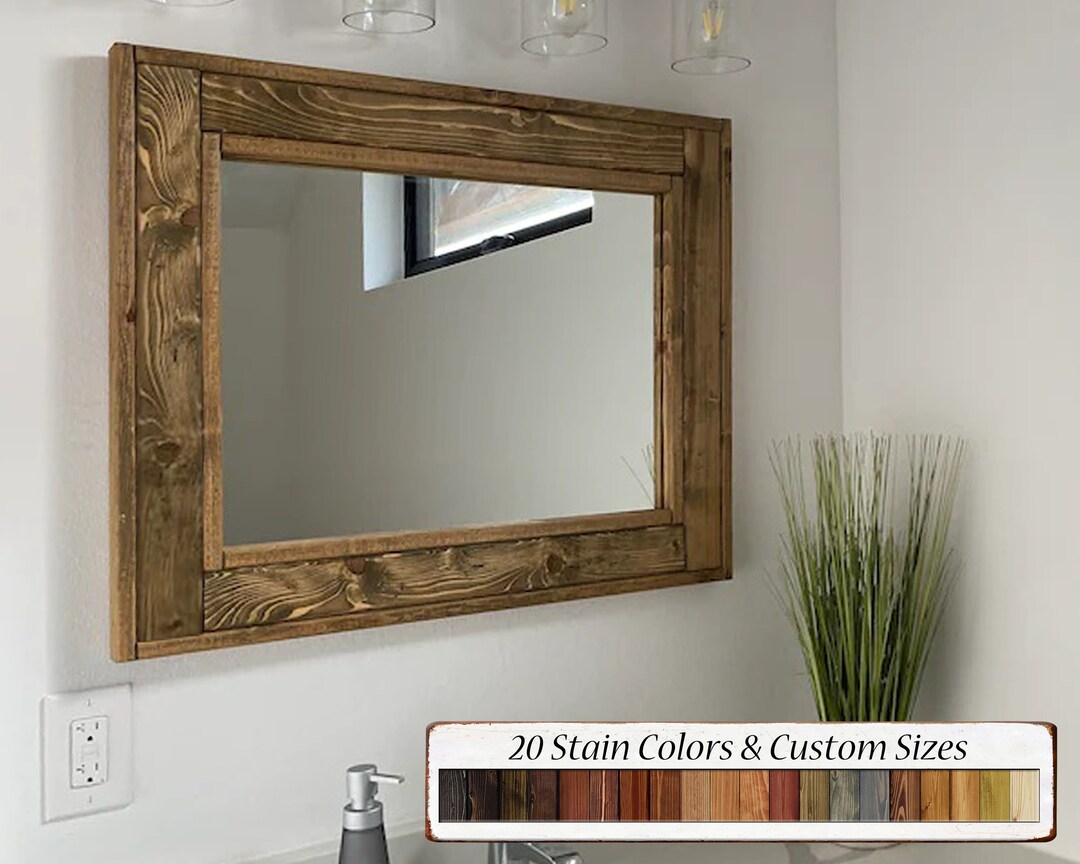 Herringbone Rustic Wood Framed Bathroom Mirror, Custom Sizes & 20 Stain