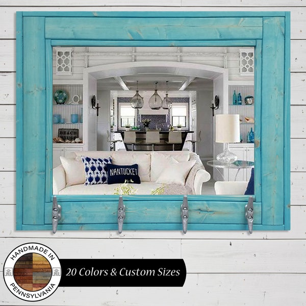 Boat House Row Mirror with Boat Cleat Hooks - Nautical Decor, Entryway Coat Hooks, Bathroom Towel Rack  - 20 Colors: Shown Vintage Aqua Teal
