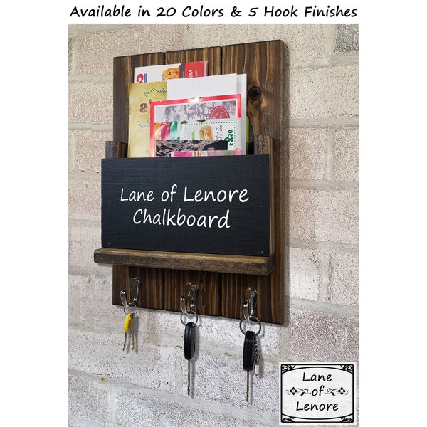 Sydney Mail Slot with Chalkboard & Choose from 20 Colors and Up To 3 Hooks - Mail and Key Holder -Mail Organizer Key Hooks - Dark Walnut