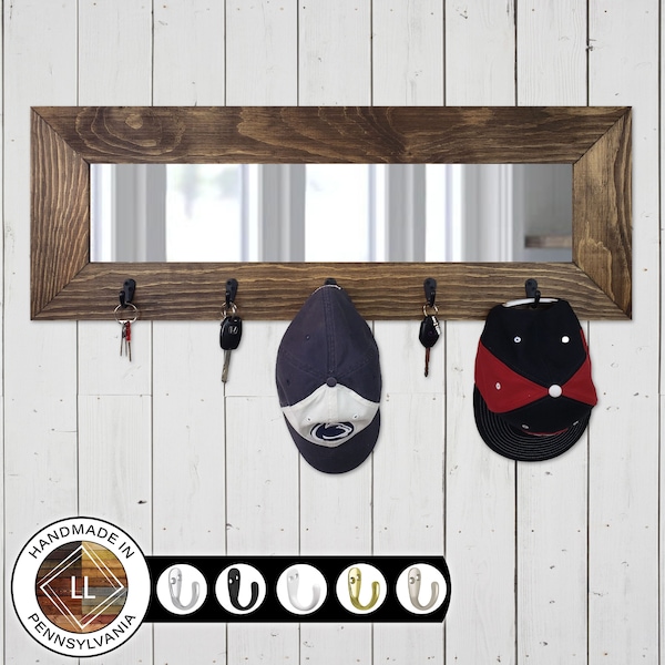 Pine Road Mirror with Hooks, Wood Hook Rack, Rustic Hook Rack, Farmhouse Hook Rack, Wooden Coat Rack, Coat Rack Wall Mount- 20 Colors