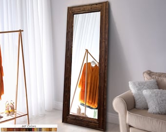 Herringbone Floor Mirror Full Length Floor Decorative Rustic Wood Frame-  Leaning Mirror: Shown in Special Walnut - Available in 20 Colors