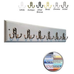 May include: A white wooden coat rack with eight double hooks in a nickel finish. The image shows a variety of hook finishes, including white, antique, oiled bronze, brass, chrome, and nickel. The image also includes a graphic with the text "20 Custom Colors."