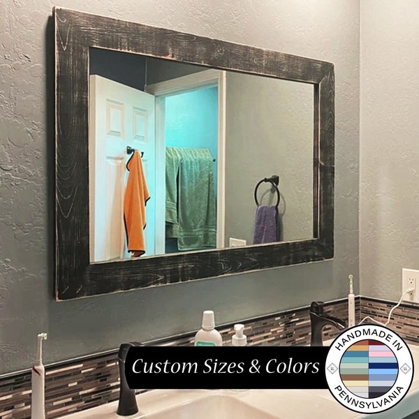 Handmade Shiplap Reclaimed Styled Wood Wall Mirror, Choose from Custom Sizes & Colors Perfect for a Vanity Bathroom Mirror