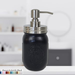 Lane of Lenore Rustic Painted Mason Jar Standard Lid or Pump Dispenser - Kitchen & Bathroom Farmhouse Decor - Custom Colors, Kettle Black
