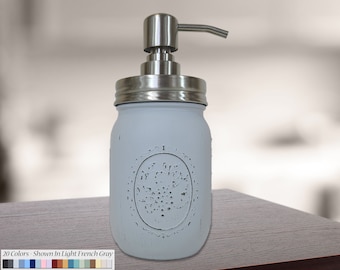 Lane of Lenore Rustic Painted Mason Jar, Standard Lid or Pump Dispenser - Rustic Bathroom Farmhouse Decor - Custom Colors, Light French Gray