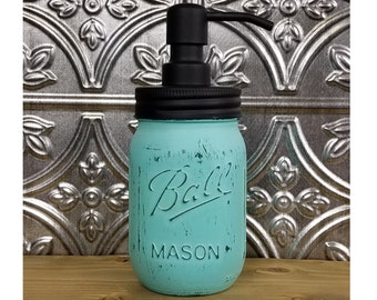 Lane of Lenore Rustic Painted Mason Jar Standard Lid or Pump Dispenser - Kitchen & Bathroom Farmhouse Decor - Custom Colors, Sea Blue