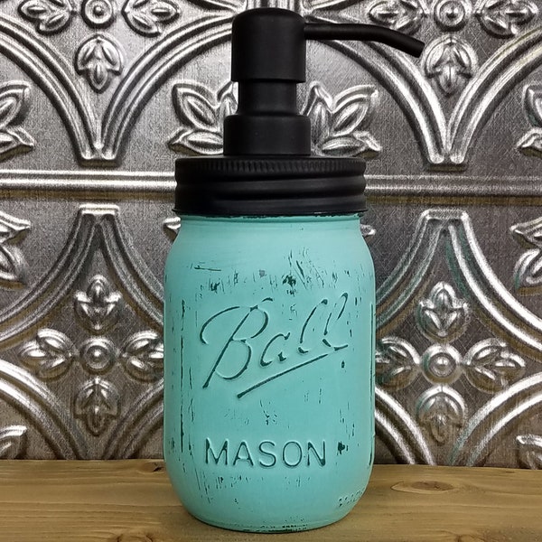 Lane of Lenore Rustic Painted Mason Jar Standard Lid or Pump Dispenser - Kitchen & Bathroom Farmhouse Decor - Custom Colors, Sea Blue